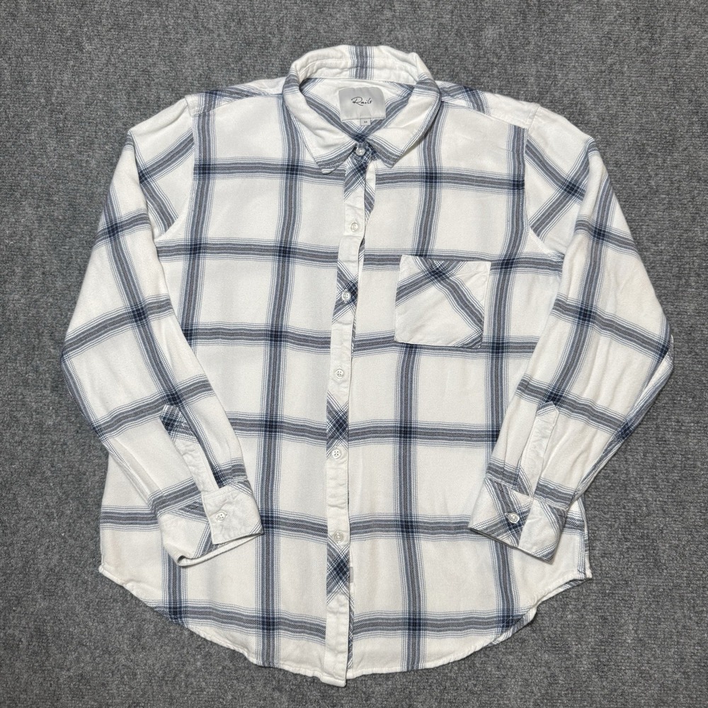 Rails Size Medium Women's Button Up Flannel White Navy Pocket Rayon Lightweight‎